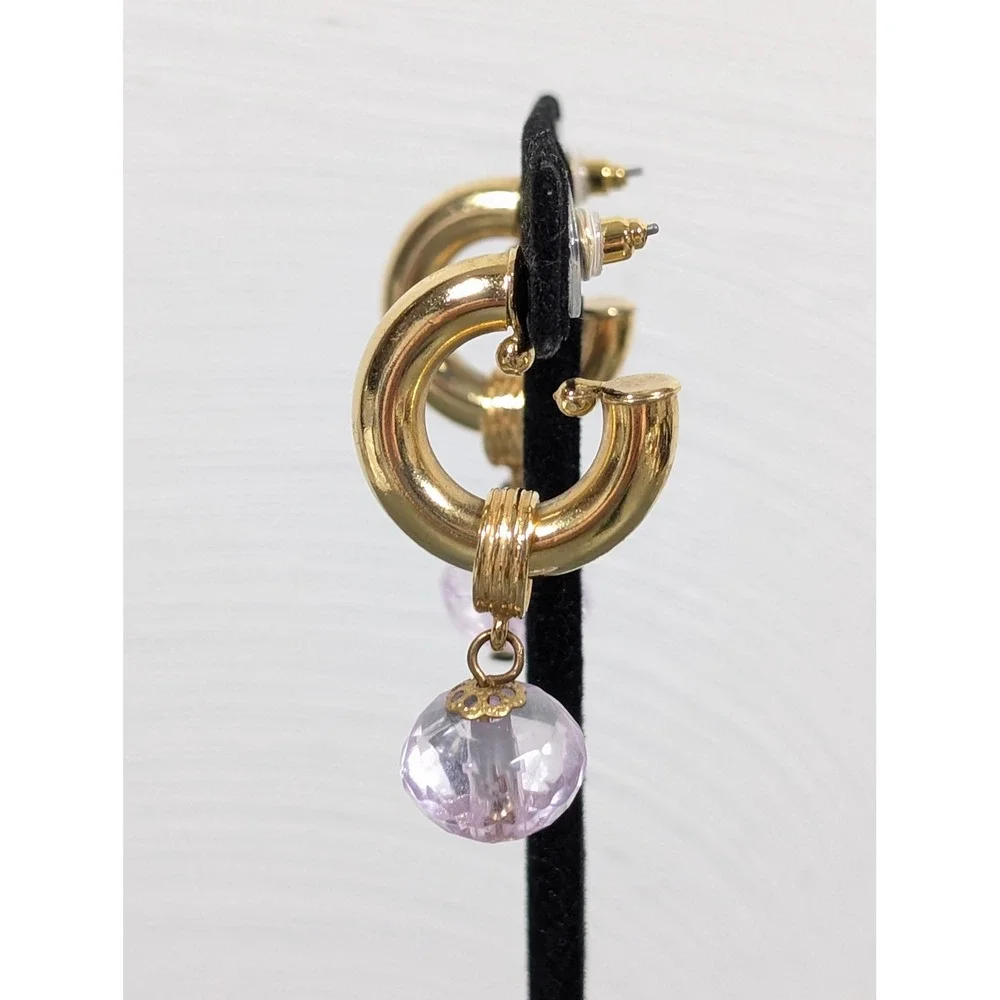 Vintage‎ Pink Lucite Drop Hoop Earrings Gold Tone Retro Charm Dangle